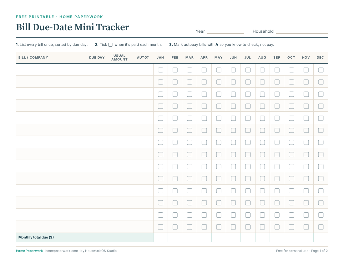 Preview of the Bill Due-Date Mini Tracker: a table of bills with due day, amount, autopay and a paid checkbox for each month.